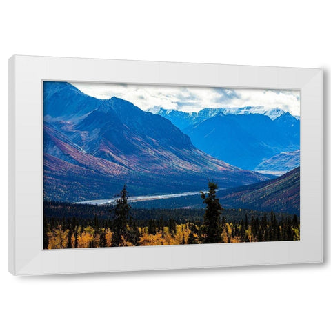 Chugach Mountains-Glenn Highway-Alaska-river-autumn color-tundra White Modern Wood Framed Art Print by Sienda, Jolly