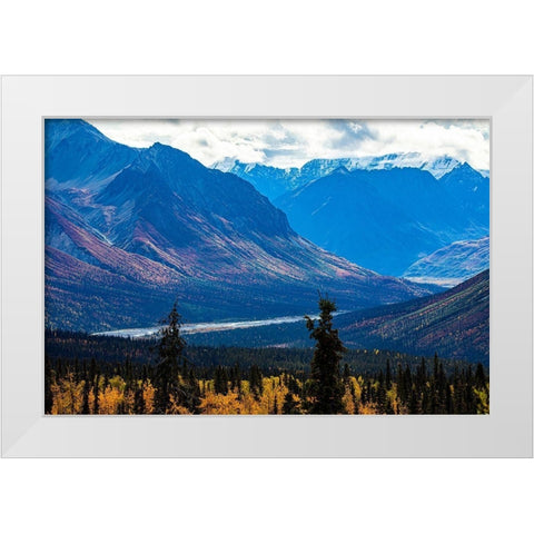 Chugach Mountains-Glenn Highway-Alaska-river-autumn color-tundra White Modern Wood Framed Art Print by Sienda, Jolly