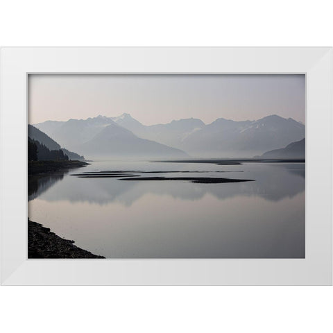 Cook Inlet-Alaska-waterway-curve-mountains-black and white White Modern Wood Framed Art Print by Sienda, Jolly
