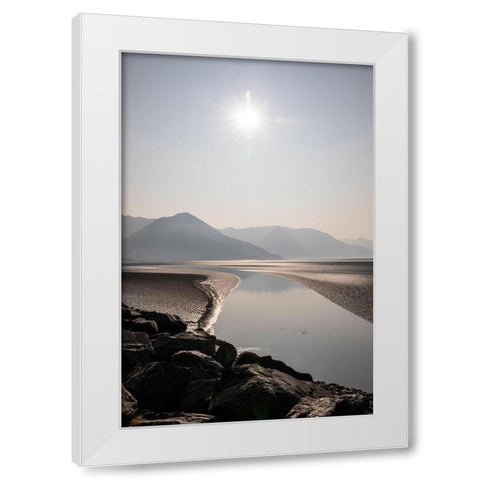 Cook Inlet-Alaska-curved stream-mountains-black and white-sunburst White Modern Wood Framed Art Print by Sienda, Jolly