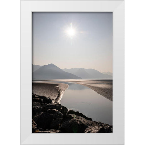 Cook Inlet-Alaska-curved stream-mountains-black and white-sunburst White Modern Wood Framed Art Print by Sienda, Jolly