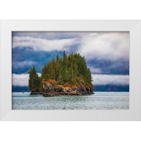 Prince William Sound-Alaska-Valdez-Island-evergreen trees-autumn-fog White Modern Wood Framed Art Print by Sienda, Jolly