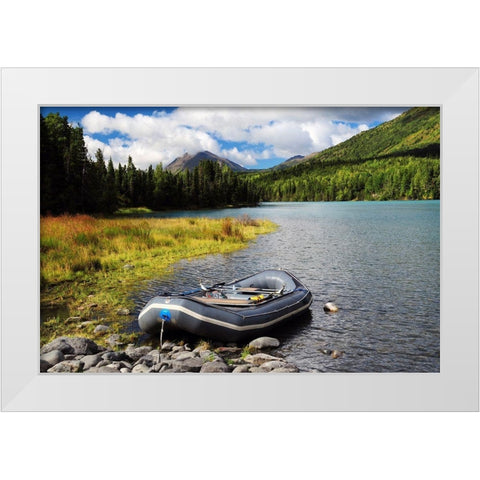 Moored Dingy on Kenai Lake, Kenai Peninsula, Alaska, USA White Modern Wood Framed Art Print by Hersen, Michel