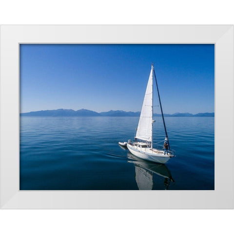 Alaska-Aerial view of Gulf 32 pilothouse boat motoring and sailing in calm waters of Frederick Sound White Modern Wood Framed Art Print by Souders, Paul
