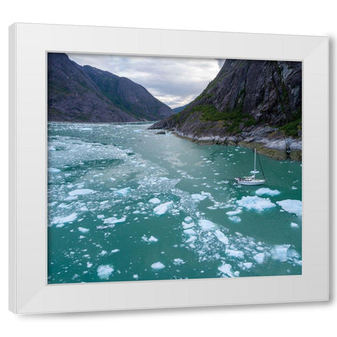 Alaska-Aerial view S/V Abuelos motoring among icebergs floating near calving face of LeConte Glacier White Modern Wood Framed Art Print by Souders, Paul