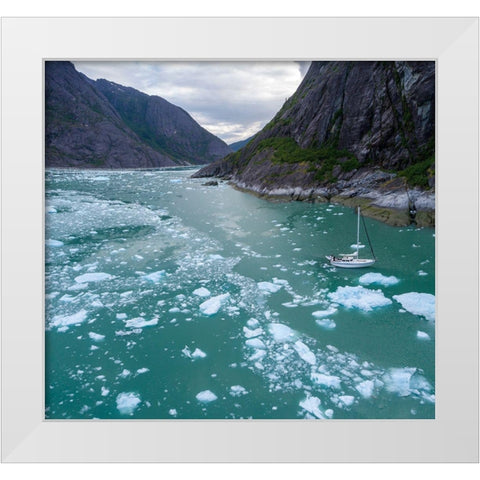 Alaska-Aerial view S/V Abuelos motoring among icebergs floating near calving face of LeConte Glacier White Modern Wood Framed Art Print by Souders, Paul