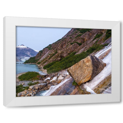 Alaska-Tracy Arm-Fords Terror Wilderness-Waterfall flowing down cliff side along Endicott Arm White Modern Wood Framed Art Print by Souders, Paul