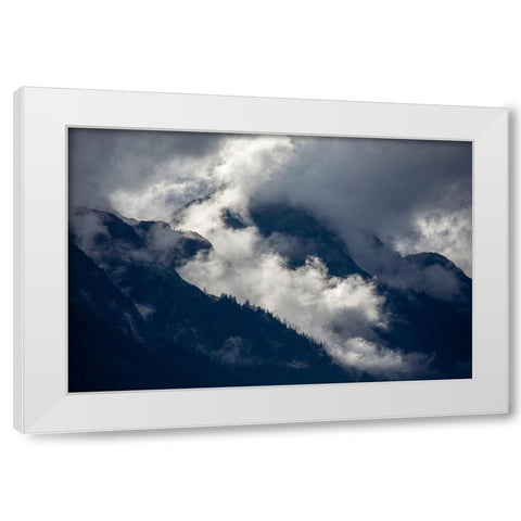Alaska-Tracy Arm-Fords Terror Wilderness-Morning sun lights mist swirling in mountains White Modern Wood Framed Art Print by Souders, Paul
