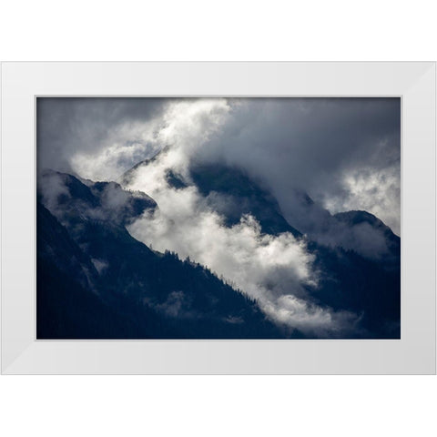 Alaska-Tracy Arm-Fords Terror Wilderness-Morning sun lights mist swirling in mountains White Modern Wood Framed Art Print by Souders, Paul