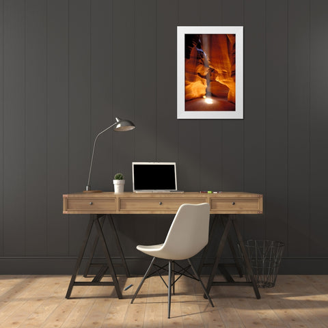 AZ, Page, Sun beam shines onto Antelope canyon White Modern Wood Framed Art Print by Kirkland, Dennis
