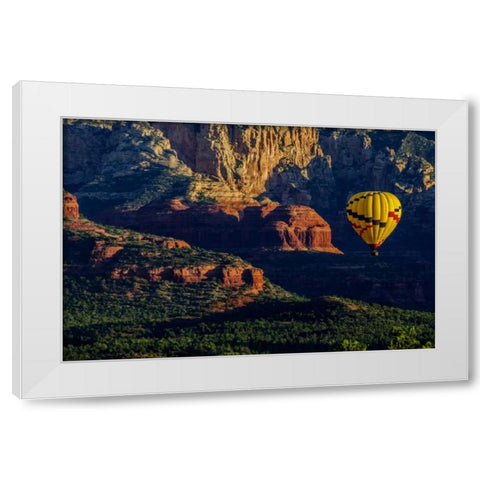 AZ, Hot-air balloon over Red Rocks SP at sunset White Modern Wood Framed Art Print by OBrien, Jay