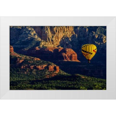AZ, Hot-air balloon over Red Rocks SP at sunset White Modern Wood Framed Art Print by OBrien, Jay
