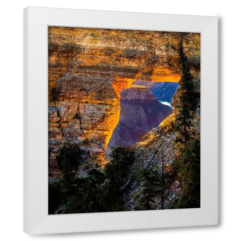 Arizona-Grand Canyon National Park View through hole in canyon wall at sunrise  White Modern Wood Framed Art Print by Jaynes Gallery