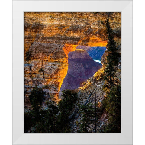 Arizona-Grand Canyon National Park View through hole in canyon wall at sunrise  White Modern Wood Framed Art Print by Jaynes Gallery