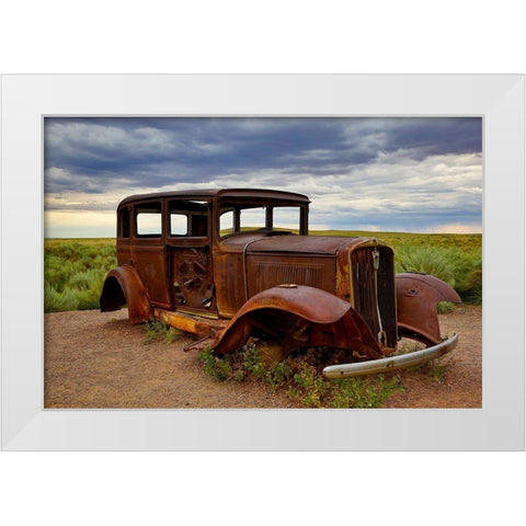 Rusty old 1931 Studebaker at the Painted Forest National Park-Arizona-USA White Modern Wood Framed Art Print by Jaynes Gallery