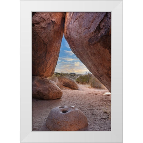 Ancient Native American mortar grinding stone in rock shelter at Council Rocks in the Dragoon Mount White Modern Wood Framed Art Print by Haney, Chuck
