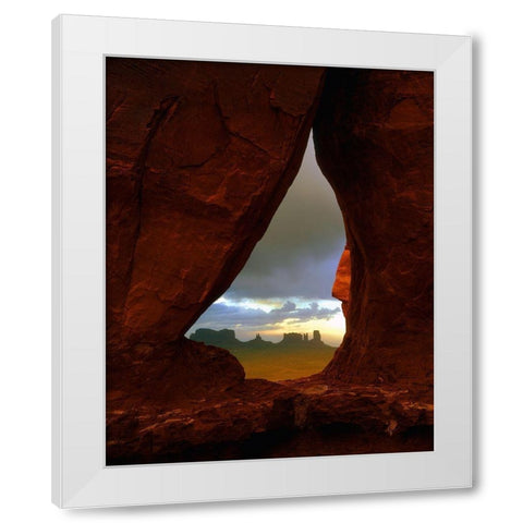 Teardrop arch frames the Monument Valley rock formations on the Utah-Arizona border White Modern Wood Framed Art Print by SMO