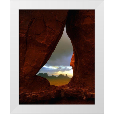 Teardrop arch frames the Monument Valley rock formations on the Utah-Arizona border White Modern Wood Framed Art Print by SMO