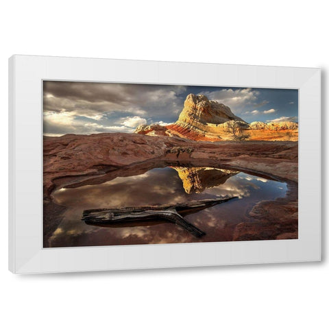 A log in a pool reflect white pockets area in northern Arizona White Modern Wood Framed Art Print by SMO