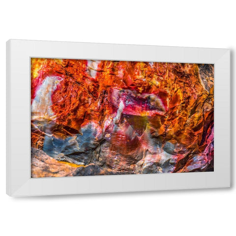 Red-orange and yellow petrified wood abstract-Blue Mesa-Petrified Forest National Park-Arizona White Modern Wood Framed Art Print by Perry, William