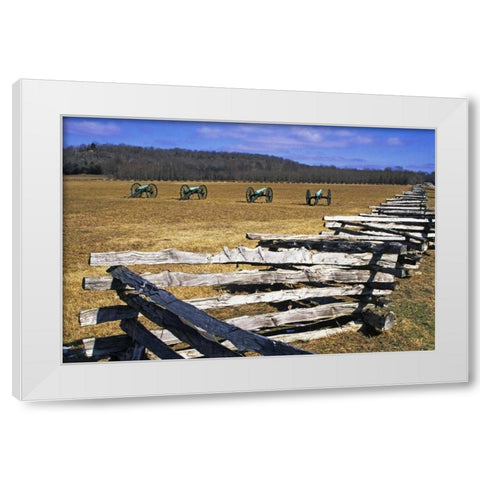 Arkansas Split-rail fence and Civil War cannons White Modern Wood Framed Art Print by Flaherty, Dennis