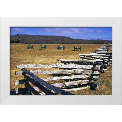Arkansas Split-rail fence and Civil War cannons White Modern Wood Framed Art Print by Flaherty, Dennis
