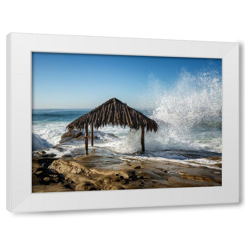 USA-California-La Jolla High surf at high tide inundates Windansea Surf Shack White Modern Wood Framed Art Print by Collins, Ann