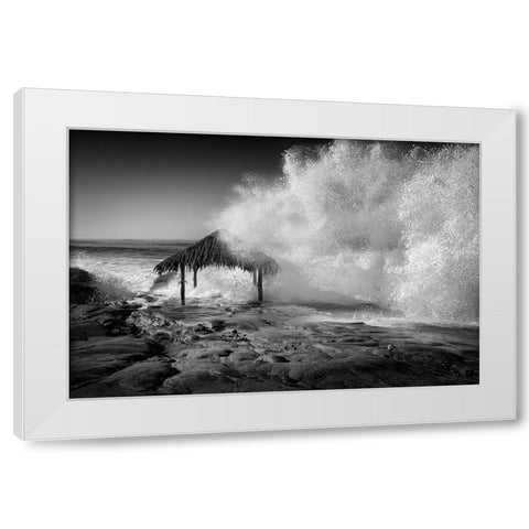 USA-California-La Jolla High surf at high tide inundates Windansea Surf Shack White Modern Wood Framed Art Print by Collins, Ann