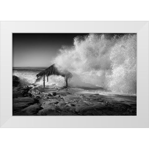 USA-California-La Jolla High surf at high tide inundates Windansea Surf Shack White Modern Wood Framed Art Print by Collins, Ann