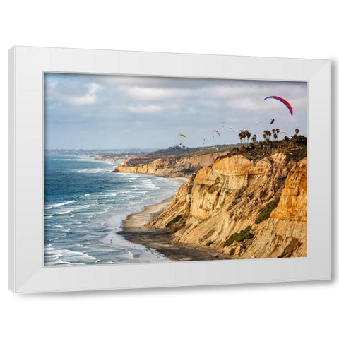 USA-California-La Jolla Paragliders soar over Blacks Beach White Modern Wood Framed Art Print by Collins, Ann