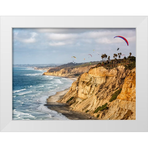 USA-California-La Jolla Paragliders soar over Blacks Beach White Modern Wood Framed Art Print by Collins, Ann