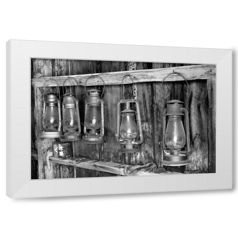 Antique lanterns-Bodie State Historic Park viewed through window-California White Modern Wood Framed Art Print by Jones, Adam