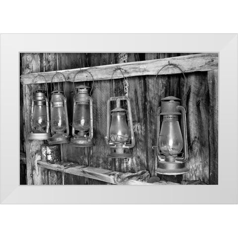 Antique lanterns-Bodie State Historic Park viewed through window-California White Modern Wood Framed Art Print by Jones, Adam
