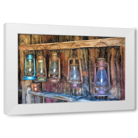 Painting effect on antique lanterns-Bodie State Historic Park viewed through window-California White Modern Wood Framed Art Print by Jones, Adam
