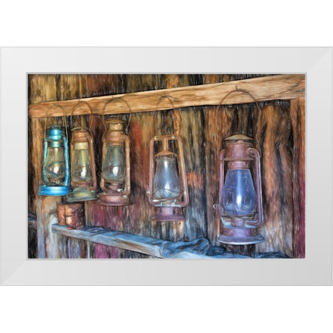 Painting effect on antique lanterns-Bodie State Historic Park viewed through window-California White Modern Wood Framed Art Print by Jones, Adam