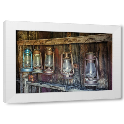 Antique lanterns-Bodie State Historic Park viewed through window-California White Modern Wood Framed Art Print by Jones, Adam