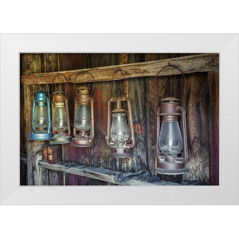 Antique lanterns-Bodie State Historic Park viewed through window-California White Modern Wood Framed Art Print by Jones, Adam