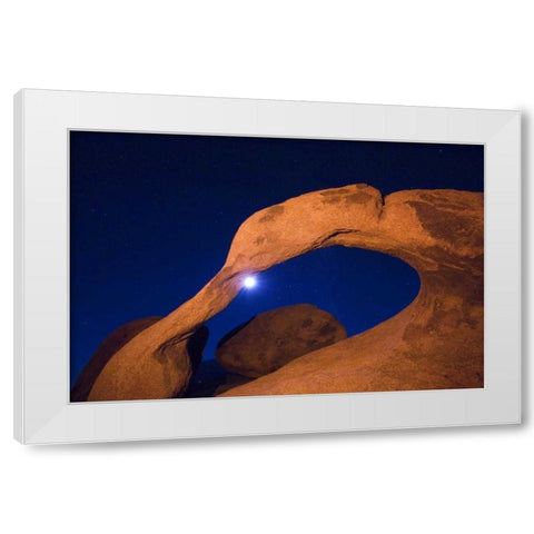 CA, Alabama Hills rock arch and moon at night White Modern Wood Framed Art Print by Kirkland, Dennis