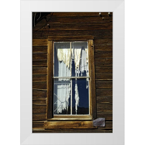 CA, Bodie SP, Tattered drapes hang in a window White Modern Wood Framed Art Print by Kirkland, Dennis