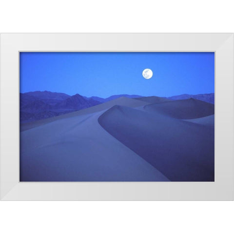 CA, Death Valley NP, Moonrise over sand dunes White Modern Wood Framed Art Print by Kirkland, Dennis