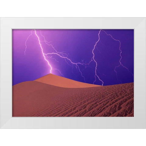 CA, Death Valley NP, Lightning bolts over dunes White Modern Wood Framed Art Print by Satushek, Steve