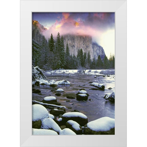 CA, Yosemite Sunlight on clouds over El Capitan White Modern Wood Framed Art Print by Flaherty, Dennis