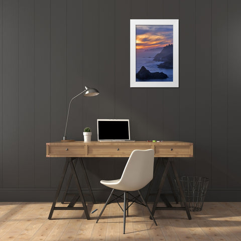 CA, Big Sur Coastal scene at sunset White Modern Wood Framed Art Print by Kelley, David