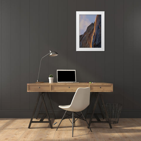 CA, Yosemite Light reflects off Horsetail Falls White Modern Wood Framed Art Print by Anon, Josh
