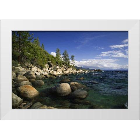 CA, Lake Tahoe Granite boulders line a lake White Modern Wood Framed Art Print by Flaherty, Dennis