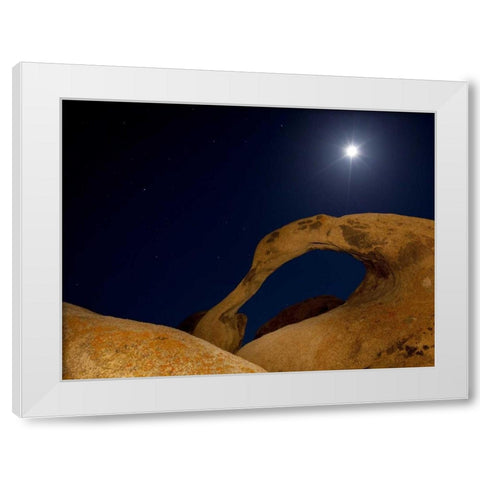 CA, Alabama Hills Moonrise behind Mobius Arch White Modern Wood Framed Art Print by Flaherty, Dennis