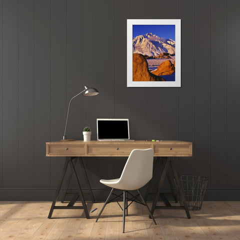 CA, Mt Whitney and Lone Pine peak in winter White Modern Wood Framed Art Print by Flaherty, Dennis