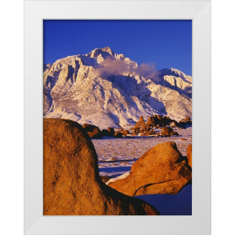 CA, Mt Whitney and Lone Pine peak in winter White Modern Wood Framed Art Print by Flaherty, Dennis