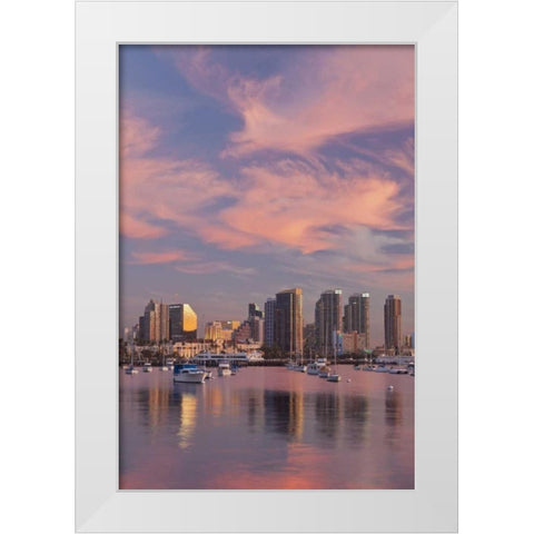 CA, San Diego Sunset view of marina and downtown White Modern Wood Framed Art Print by Paulson, Don