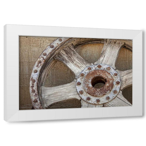 California, Randsburg Old wooden and metal wheel White Modern Wood Framed Art Print by Paulson, Don